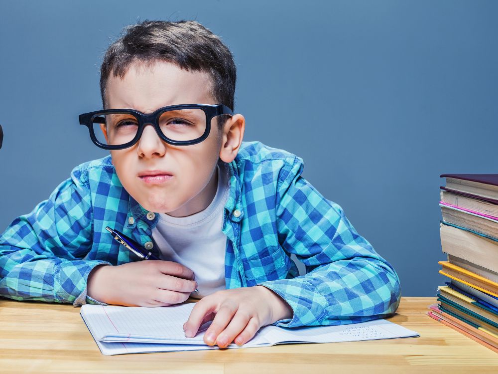 Criança com dificuldade de leitura e esforço visual ao estudar, ilustrando sintomas comuns de hipermetropia em crianças no dia a dia escolar.